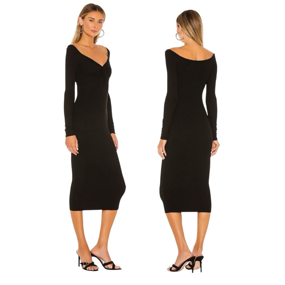 ENZA COSTA Rib Off Shoulder Twist Midi Dress Stretch Viscose Black SM PRISTINE